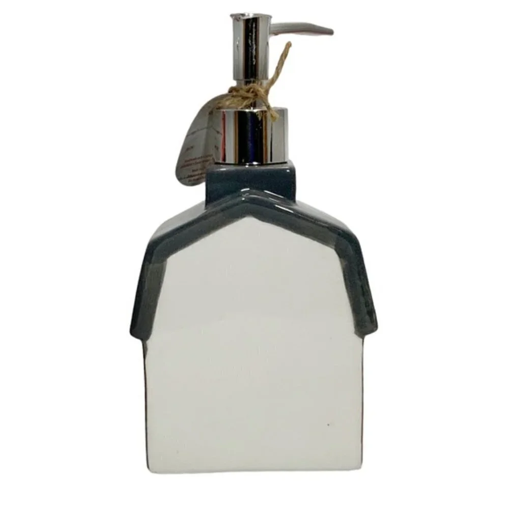 Christmas Barn Soap Lotion Dispenser Ceramic Hand Painted Gift Grey Wreath Re…